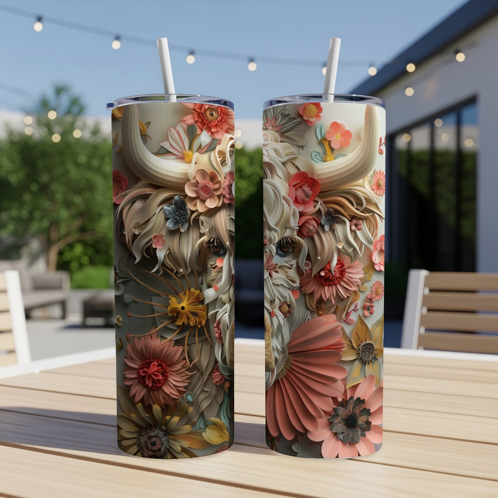 Two tumblers with a floral Highland cow design sit on a wooden table.