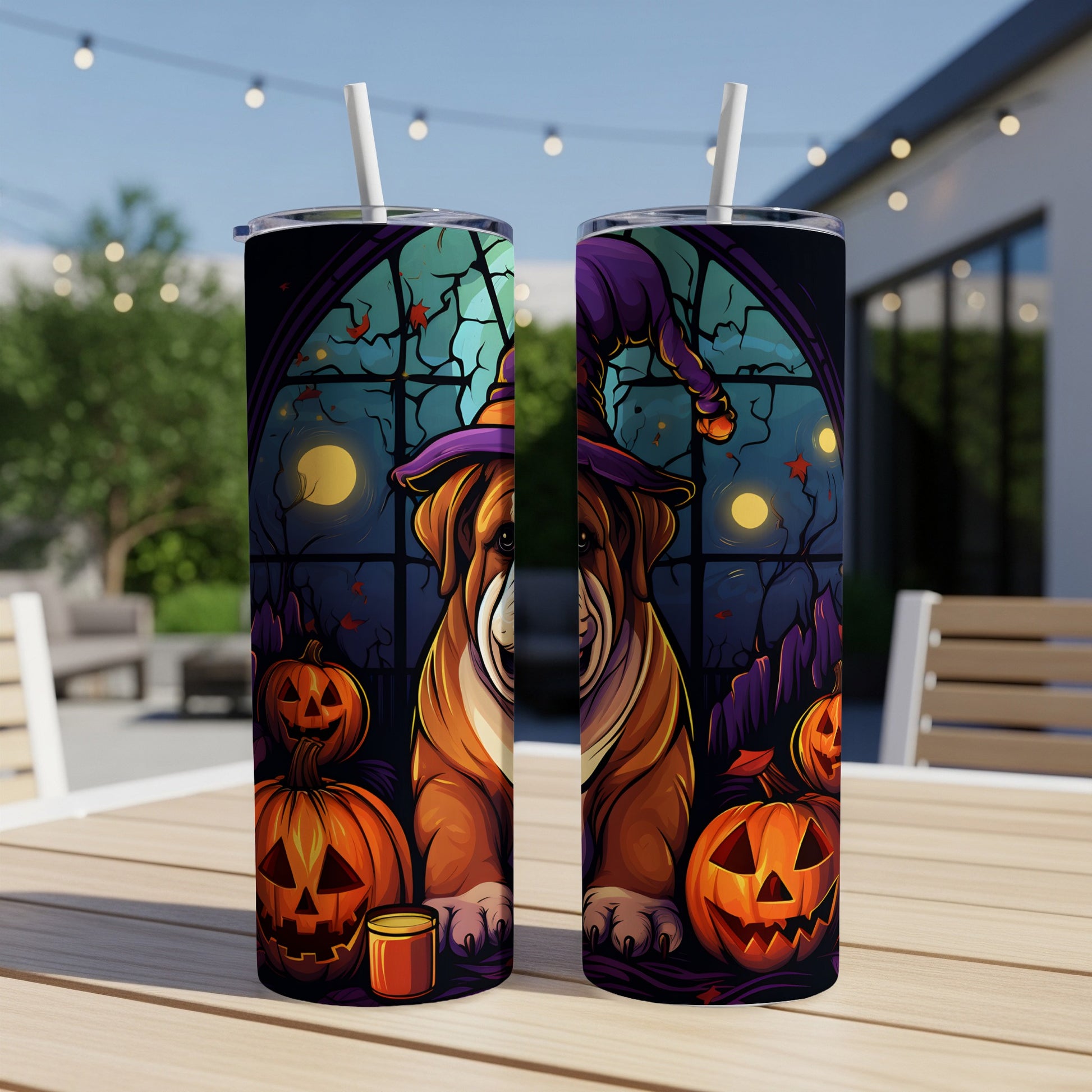 Two tumblers with Halloween design: bulldog in witch hat, pumpkins, and full moon.