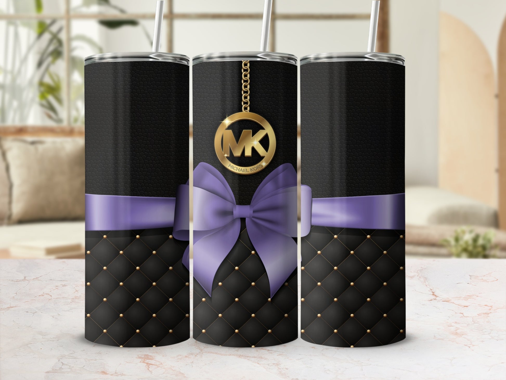 Elegant Purple Bow Design Black Tumbler Cup with Gold Studs