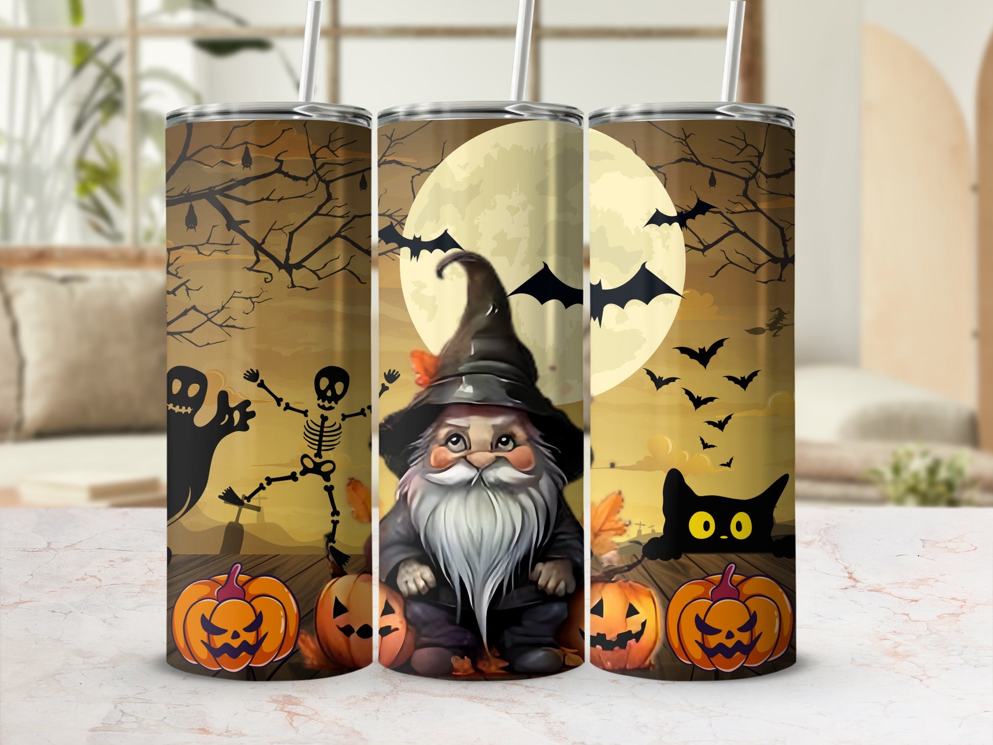 Spooky Halloween Gnome Skeleton Cat Themed Tumbler