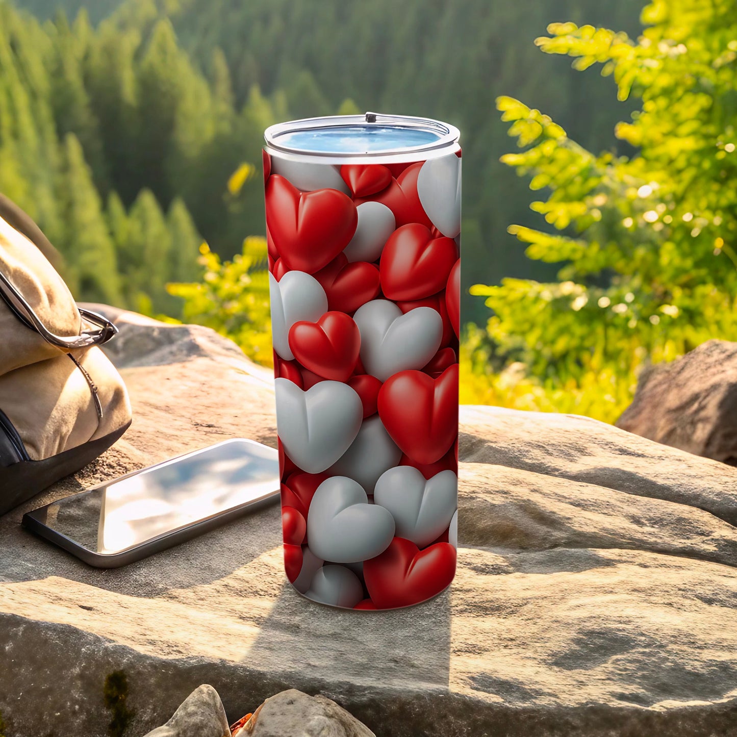 Vibrant Red White Hearts Pattern Travel Tumbler product type