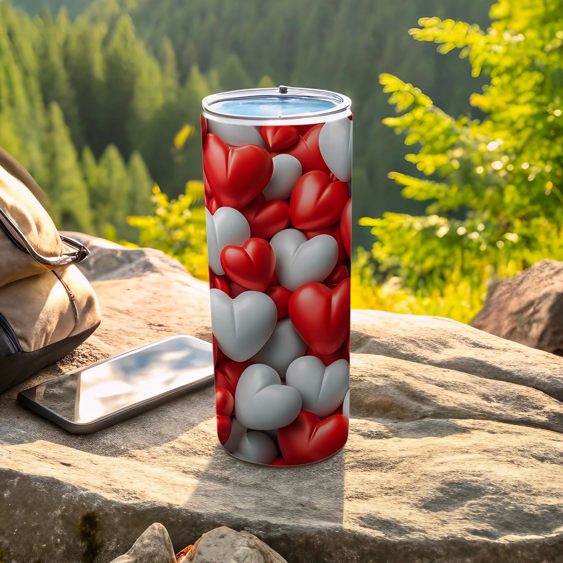 Vibrant Red White Hearts Pattern Travel Tumbler product type