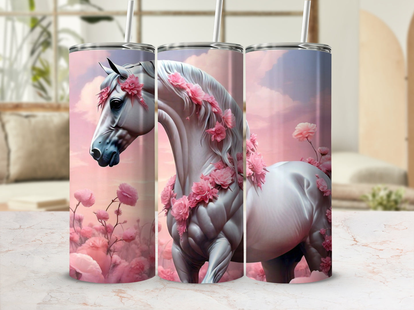 Beautiful Horse with Pink Flowers Tumbler Cup
