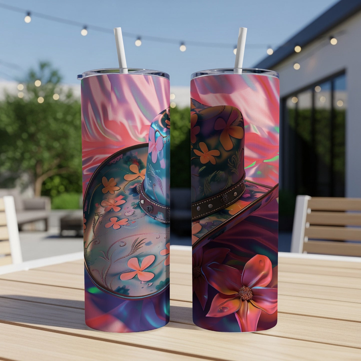 Two tumblers with floral cowboy hat design sit on a wooden table outdoors.