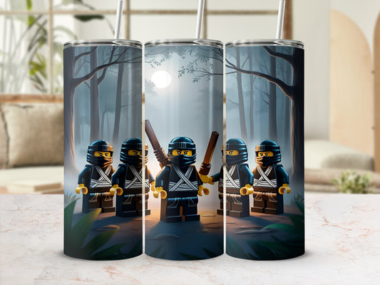 Five Lego ninjas stand ready in a moonlit forest clearing.