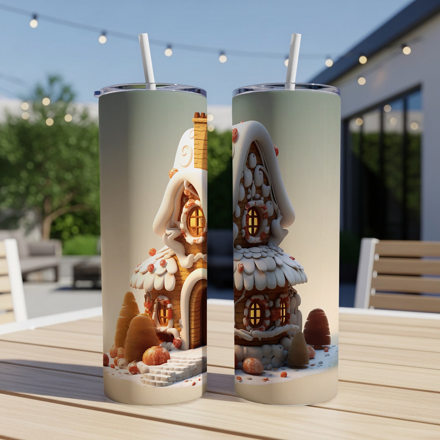 Gingerbread house tumbler with straws on outdoor table.