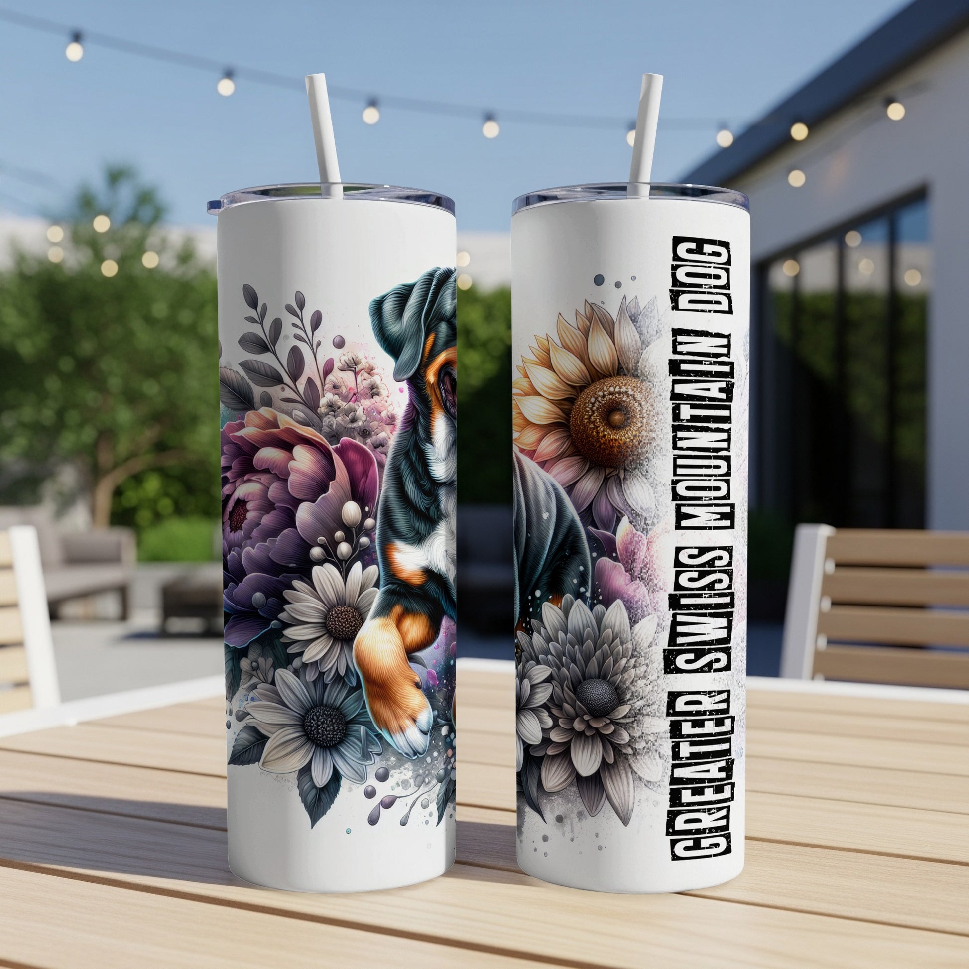 Greater Swiss Mountain Dog on floral tumbler with straw.