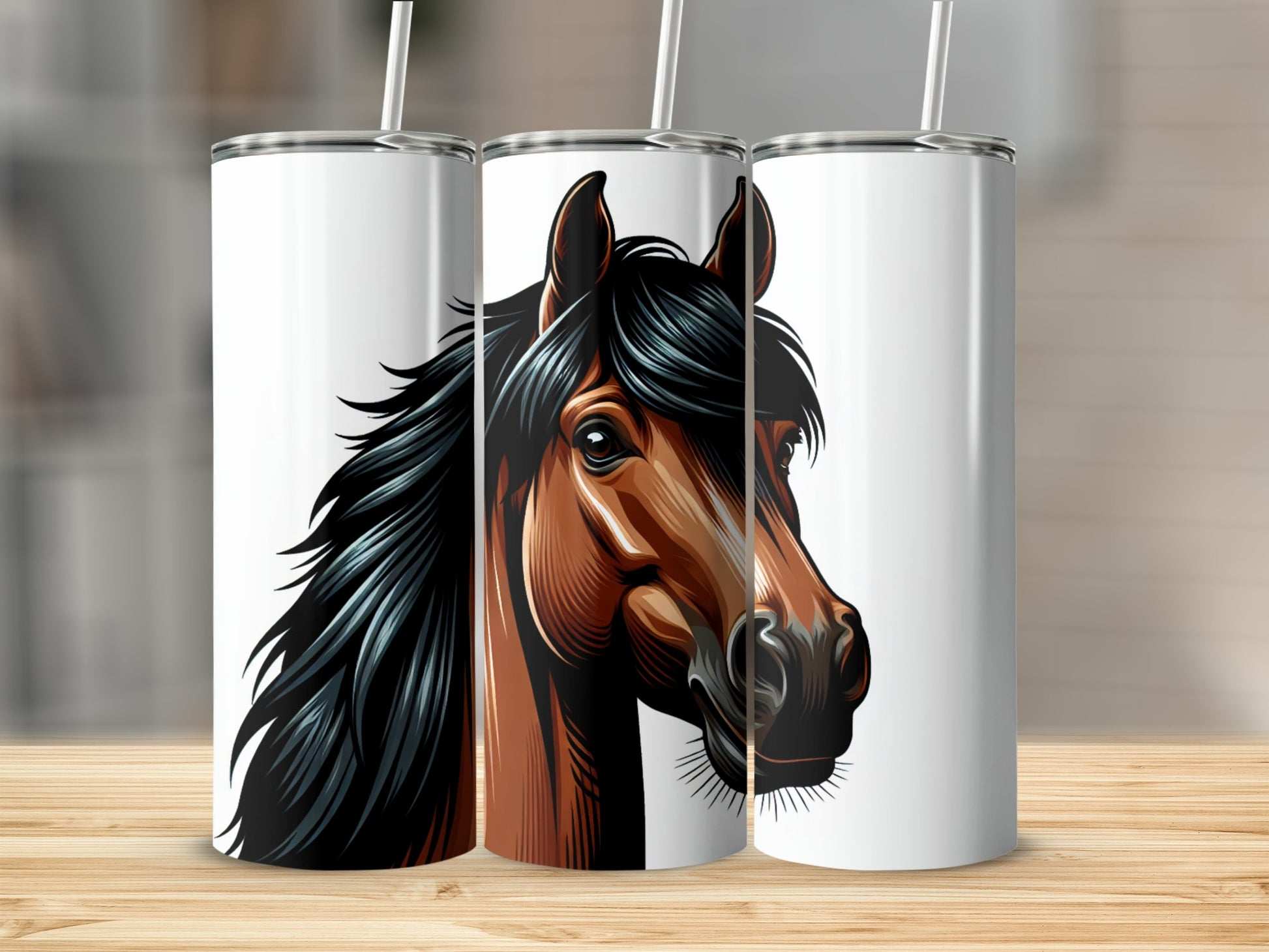 Brown horse head illustration with flowing black mane on a white tumbler.