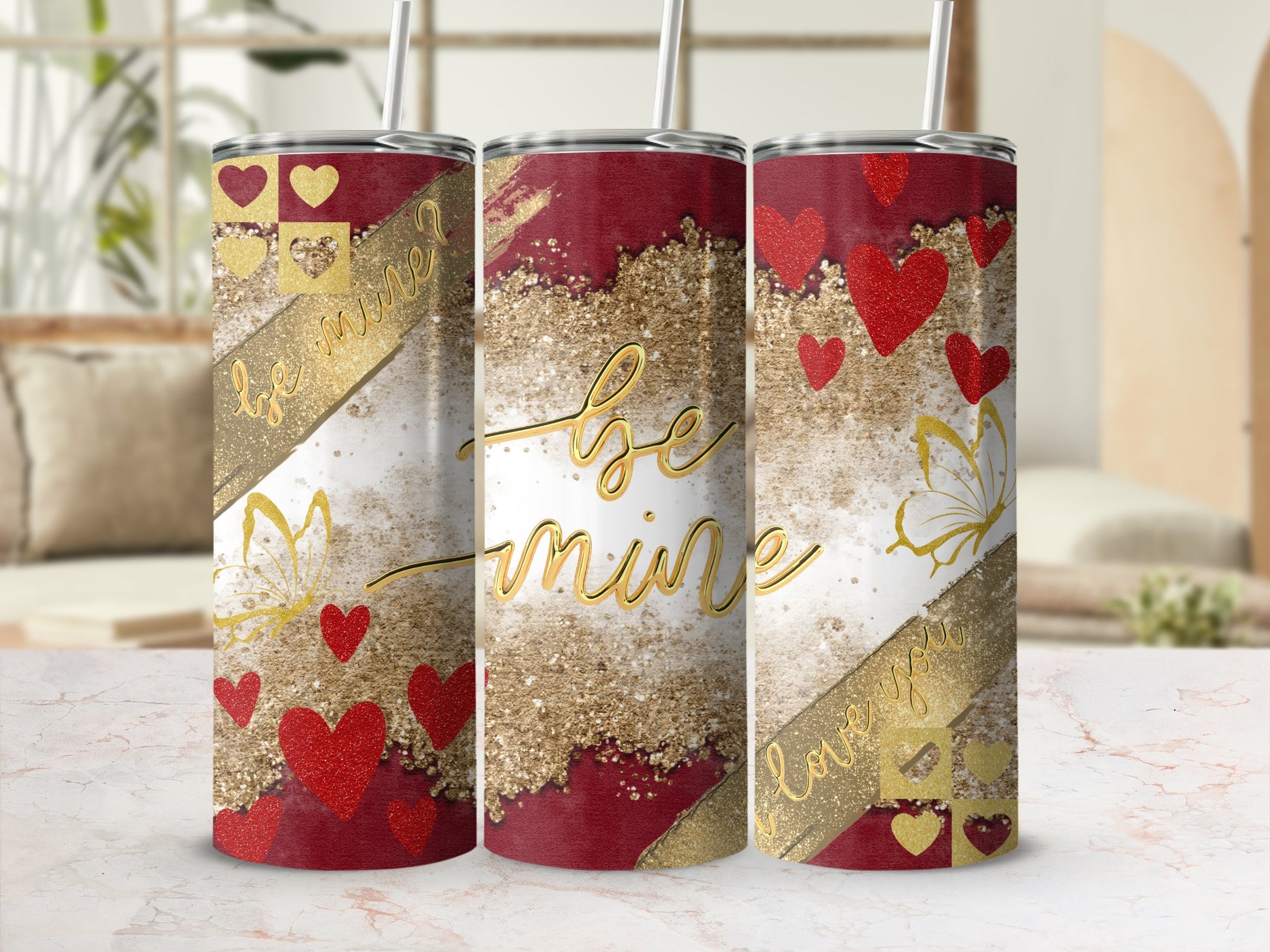 Be Mine Love You Hearts and Glitter Design Tumbler