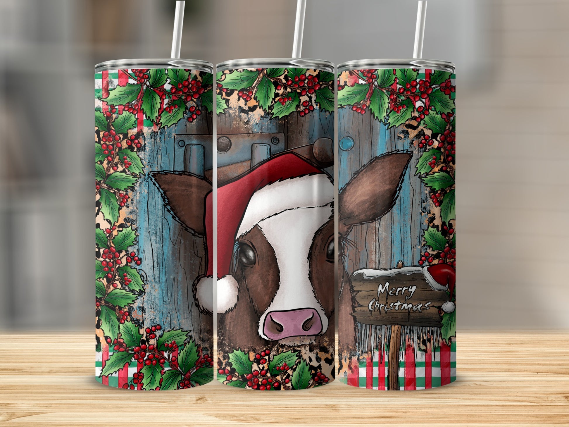 Cow wearing a Santa hat peeking through a wooden door with holly border.