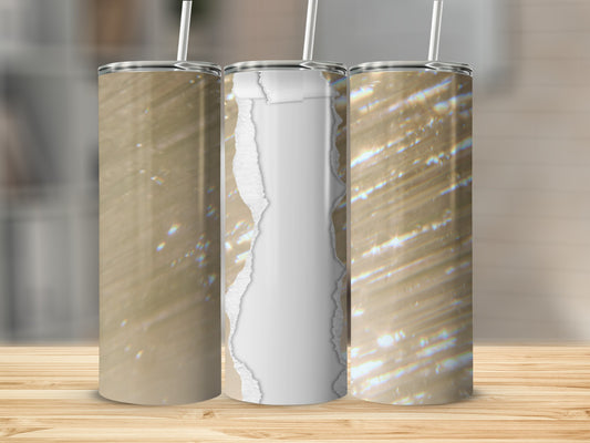 Three tumblers with a torn paper effect and light reflections.
