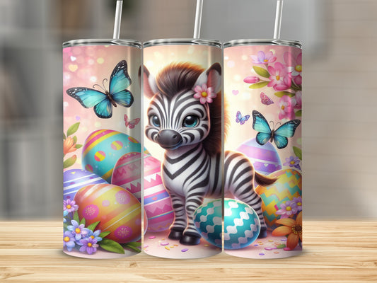 Cute zebra with Easter eggs and butterflies, pink floral background.