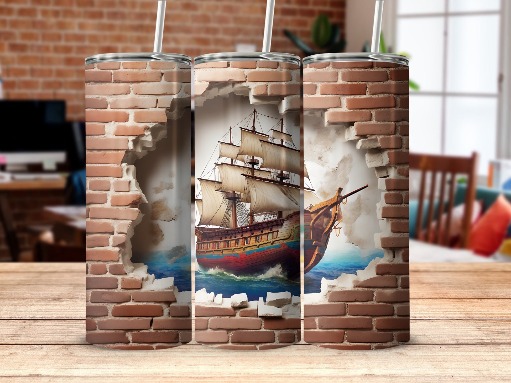 Tall Ship Sailing Through Brick Wall Design Tumblers