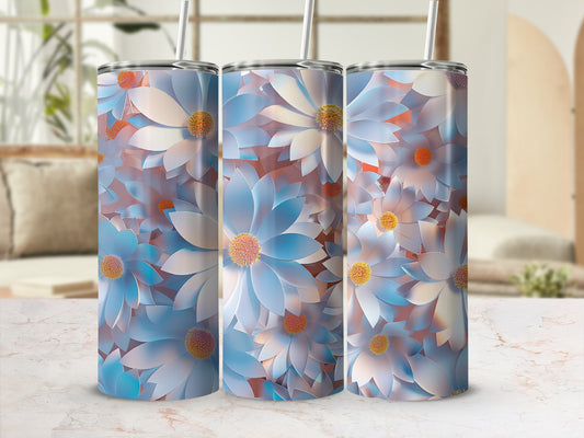 Three tumblers with a floral pattern of blue and orange flowers.