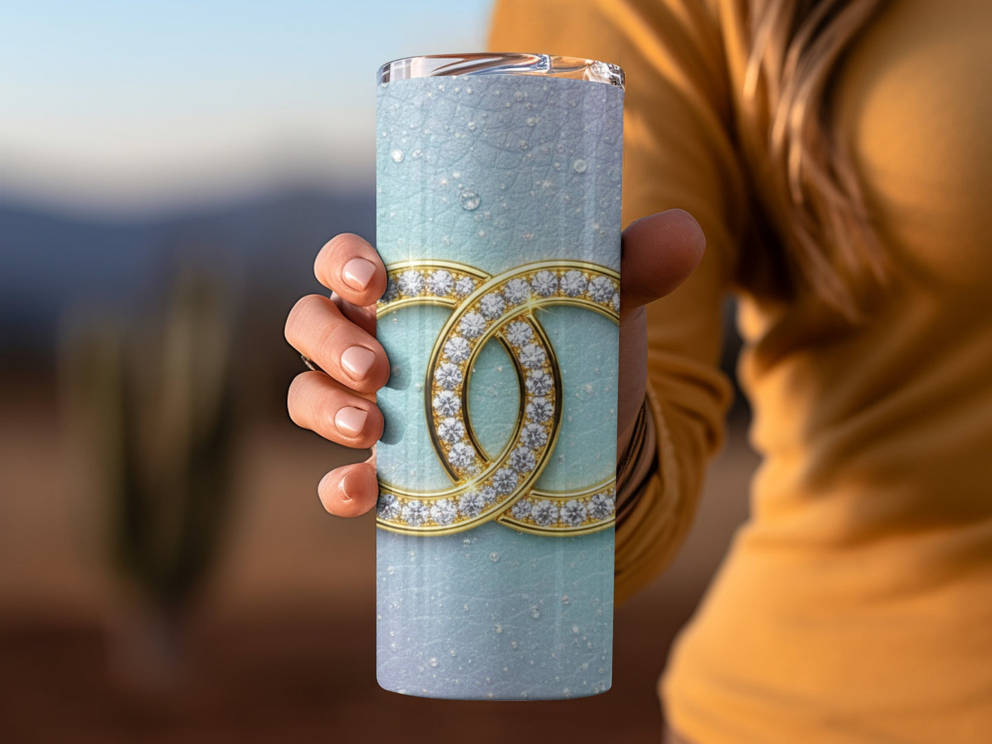 Chanel Inspired Sparkling Golden Diamond Interlock Design Print Tumbler