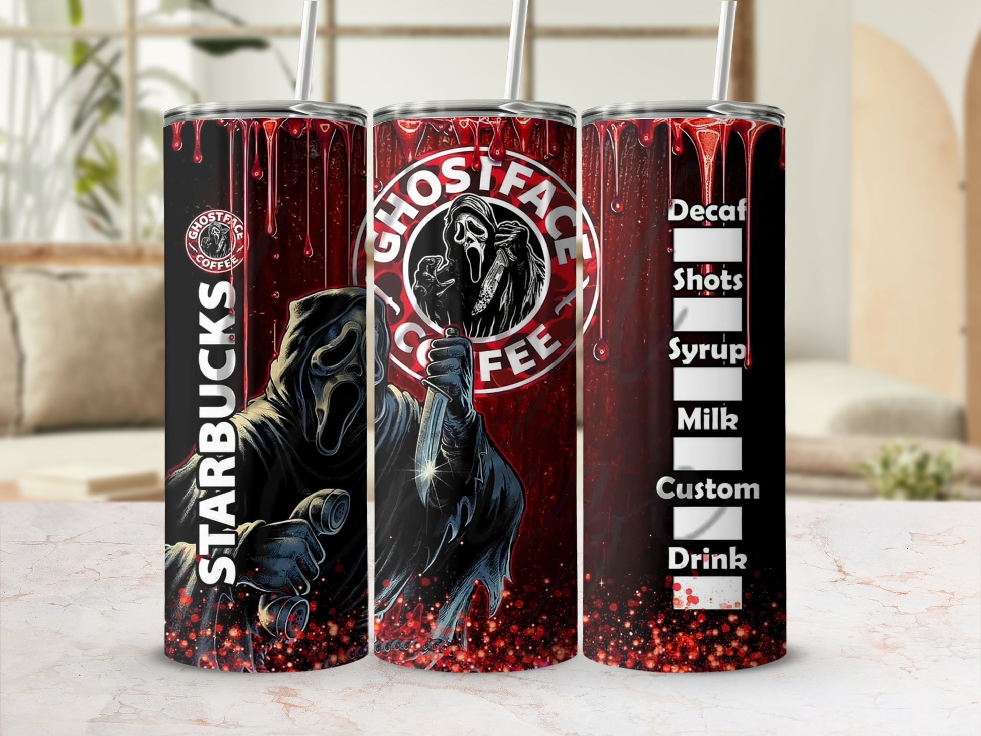 Ghostface coffee tumbler with blood drips and drink customization options.