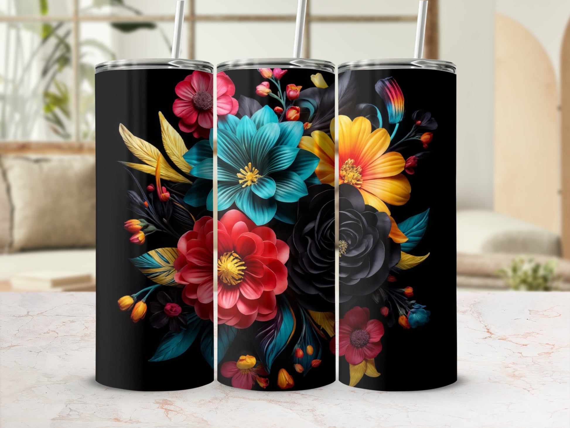 Black tumbler with vibrant floral design featuring red, blue, and yellow flowers.
