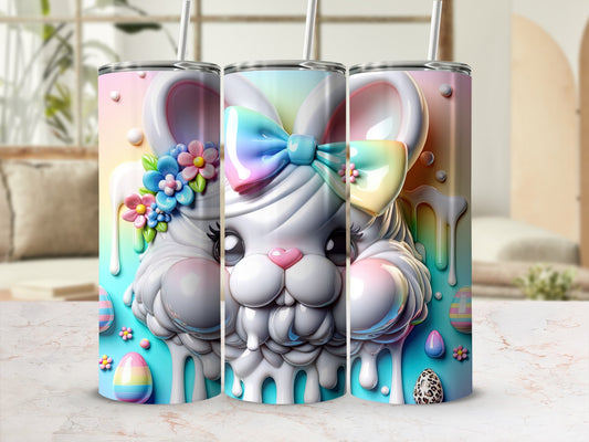 Three pastel bunny tumblers with bows and Easter egg designs.