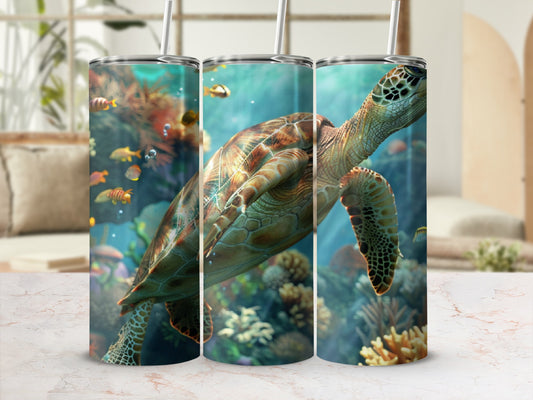 Sea turtle swims among coral and fish in underwater scene.
