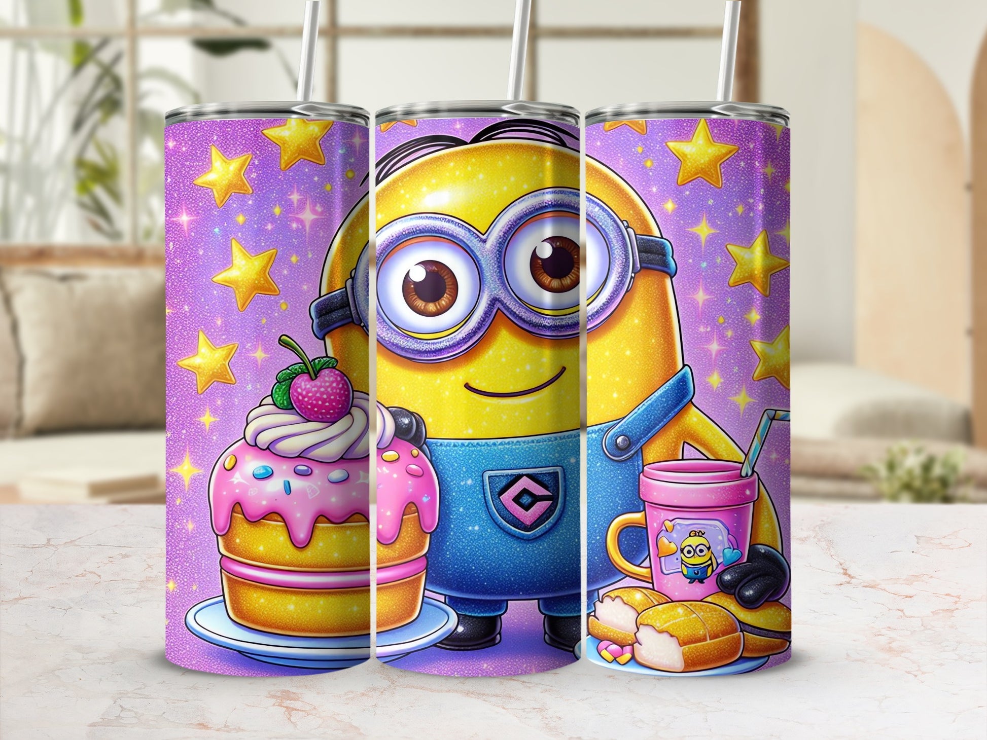 Cute Minion Cartoon Tumbler with Stars and Treats Design