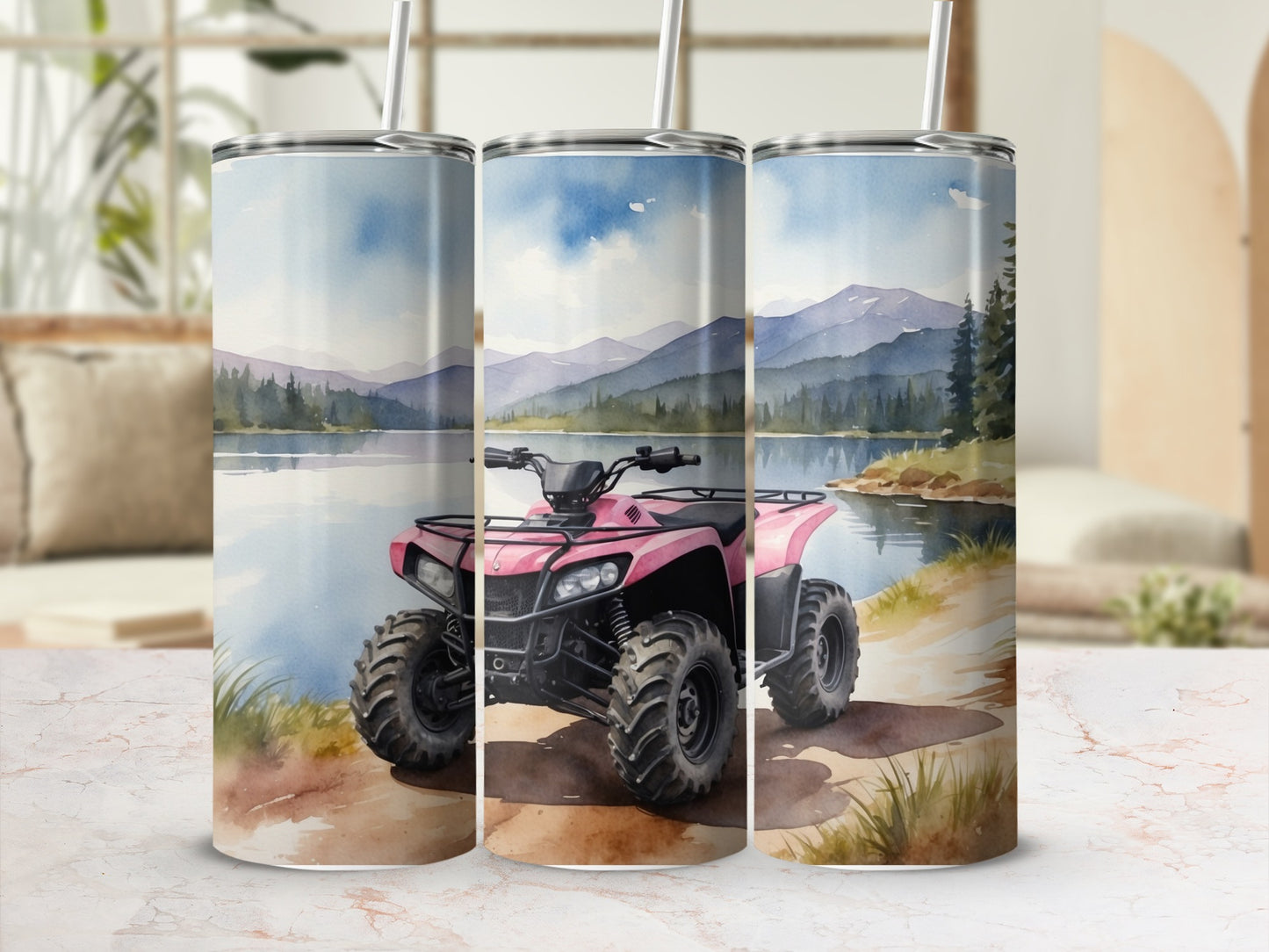 Pink ATV parked by a lake with mountains and trees in the background.