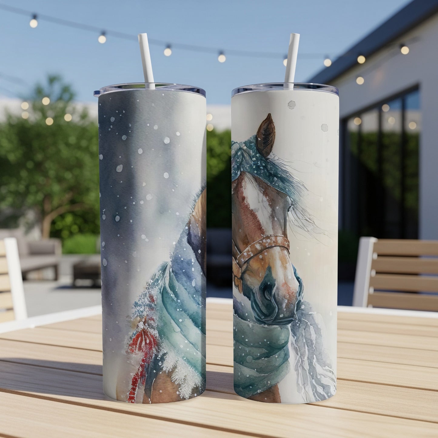 Watercolor horse with snowflake scarf on a Christmas-themed tumbler.