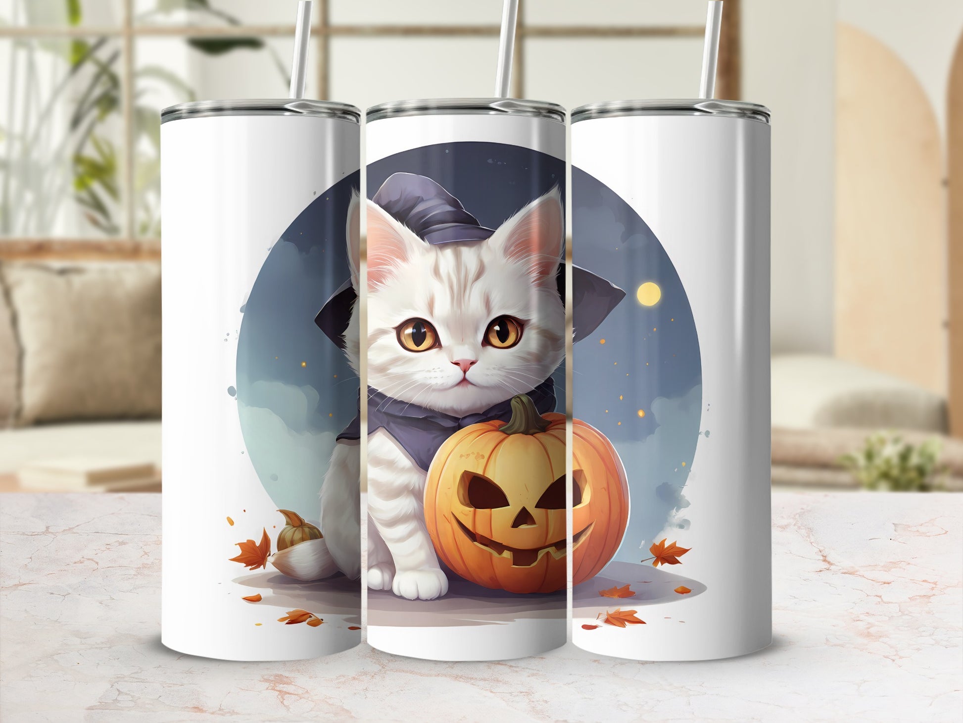 Halloween cat in witch hat with pumpkin, digital art design on three tumblers.