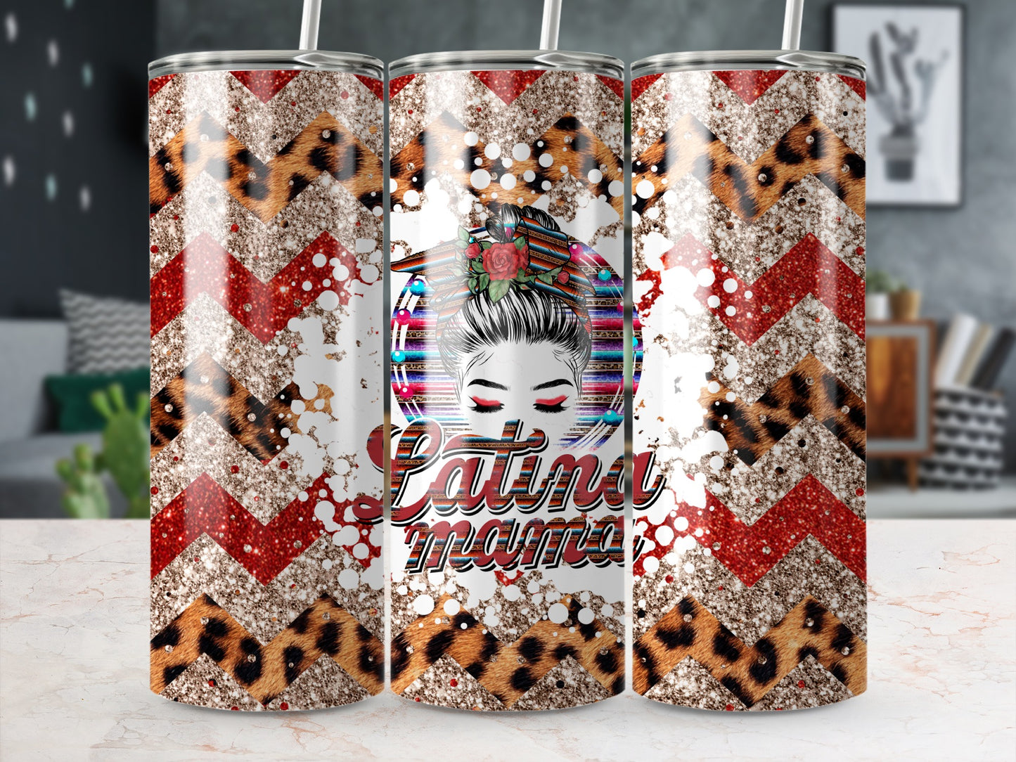 "Latina Mama" text on tumbler with leopard print and chevron patterns.