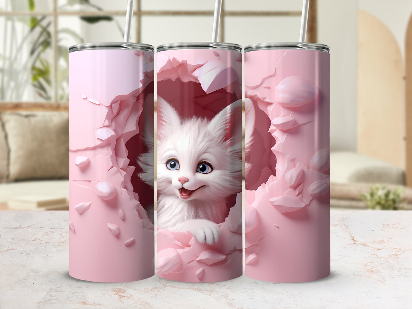 Cute Furry White Kitten in Pink Design Tumbler