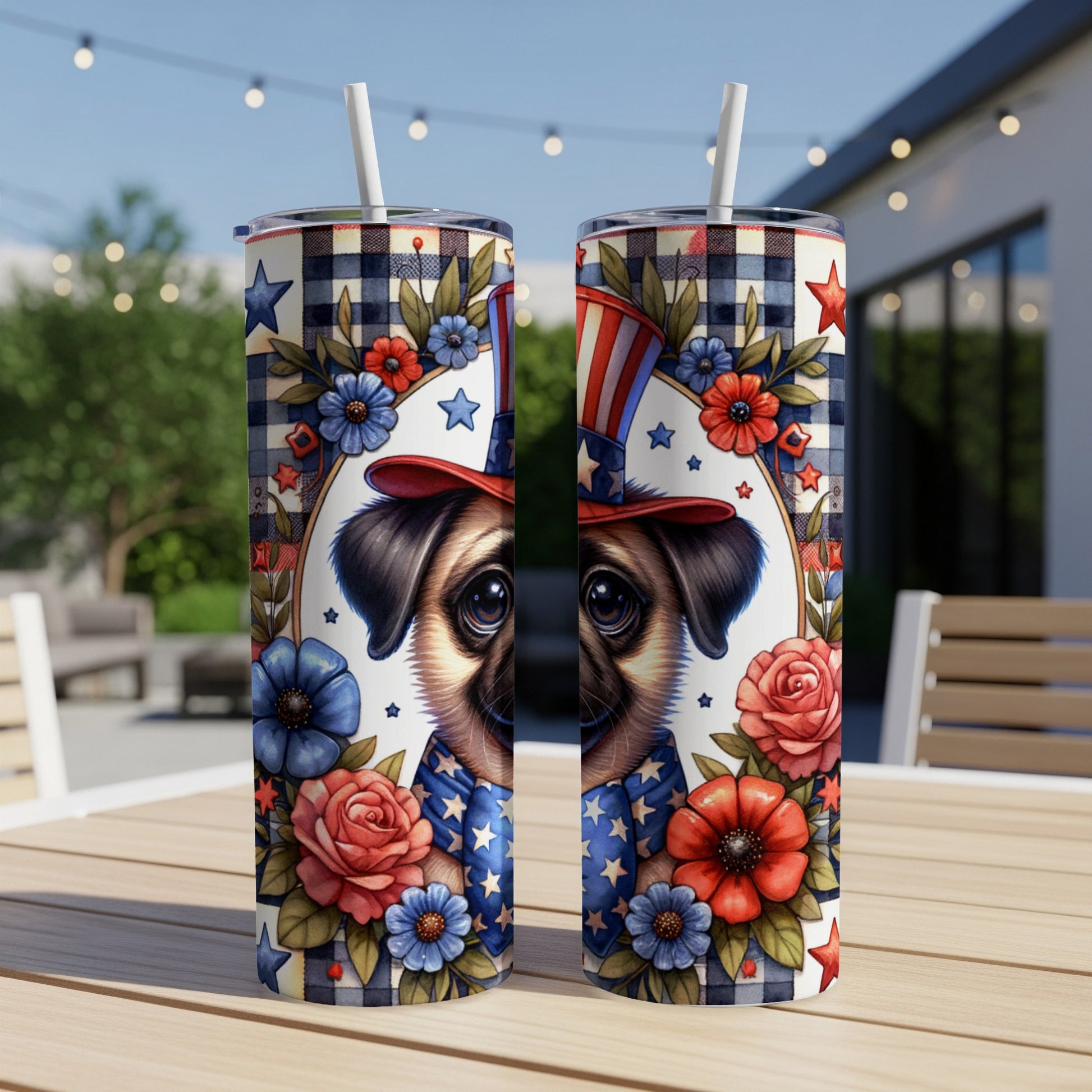Two patriotic pug tumblers with floral and star designs.