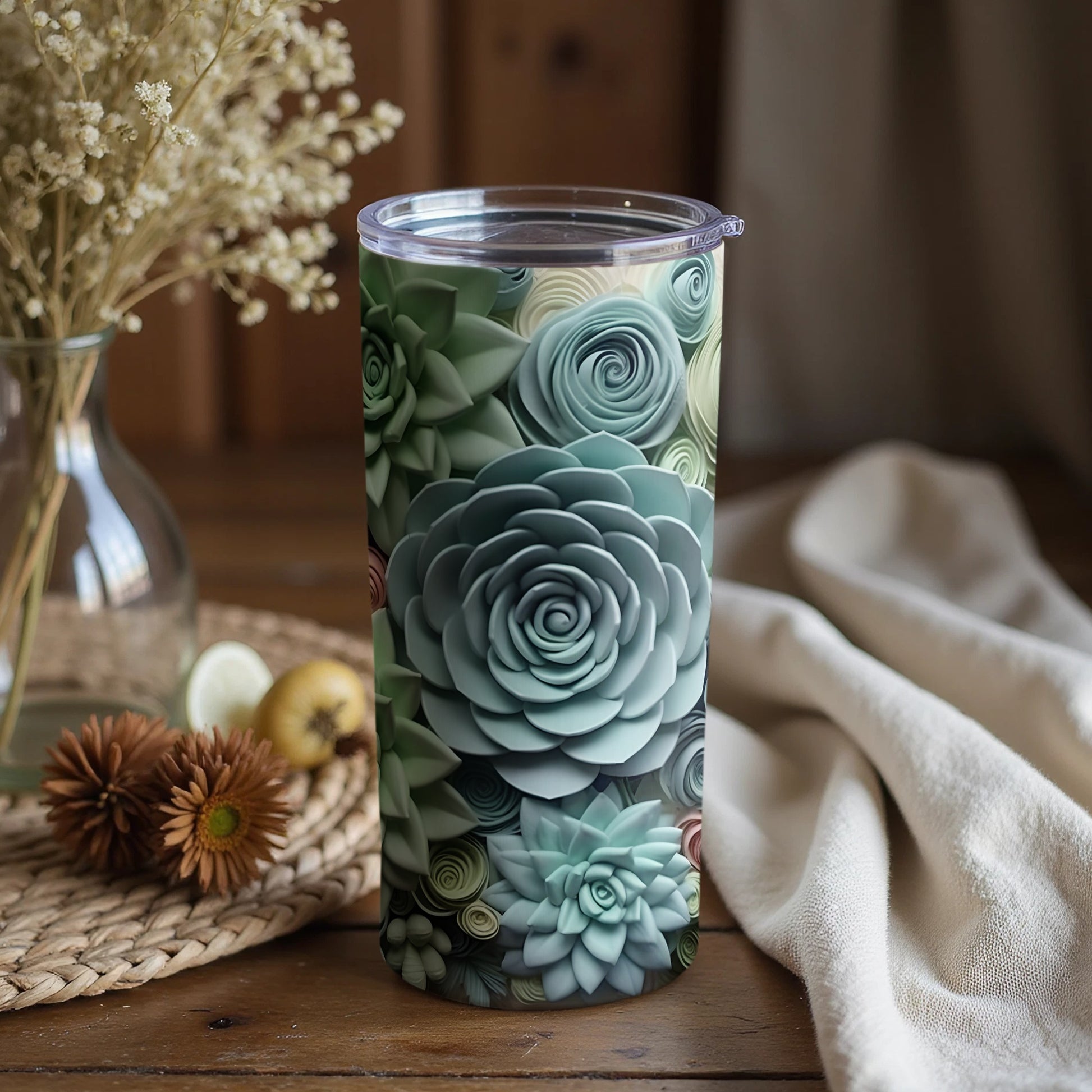 Succulent Designed Insulated Travel Tumbler Beverage Cup