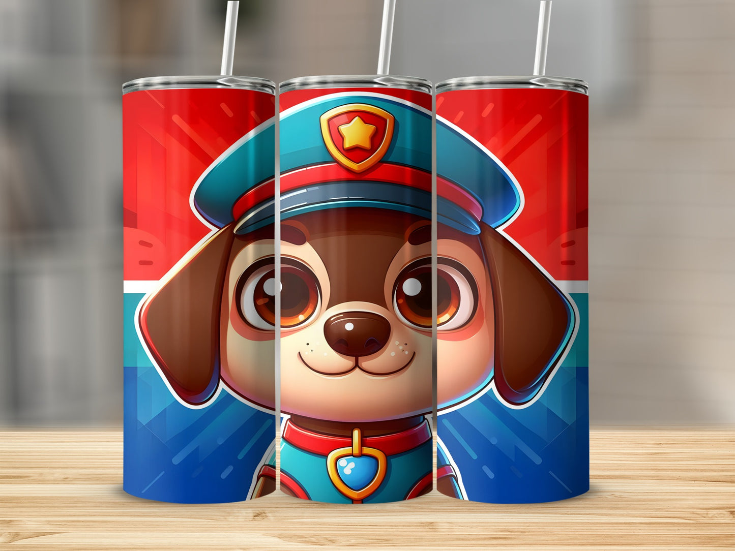 Cartoon dog in police uniform on three tall tumblers.