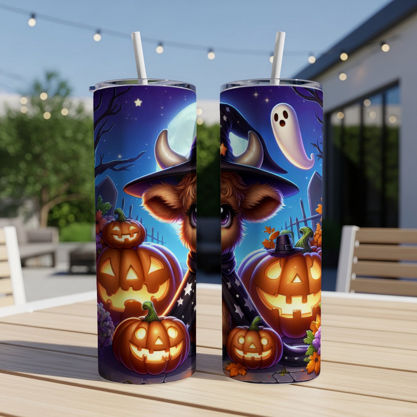 Halloween themed tumbler with cow, pumpkins, and ghost.