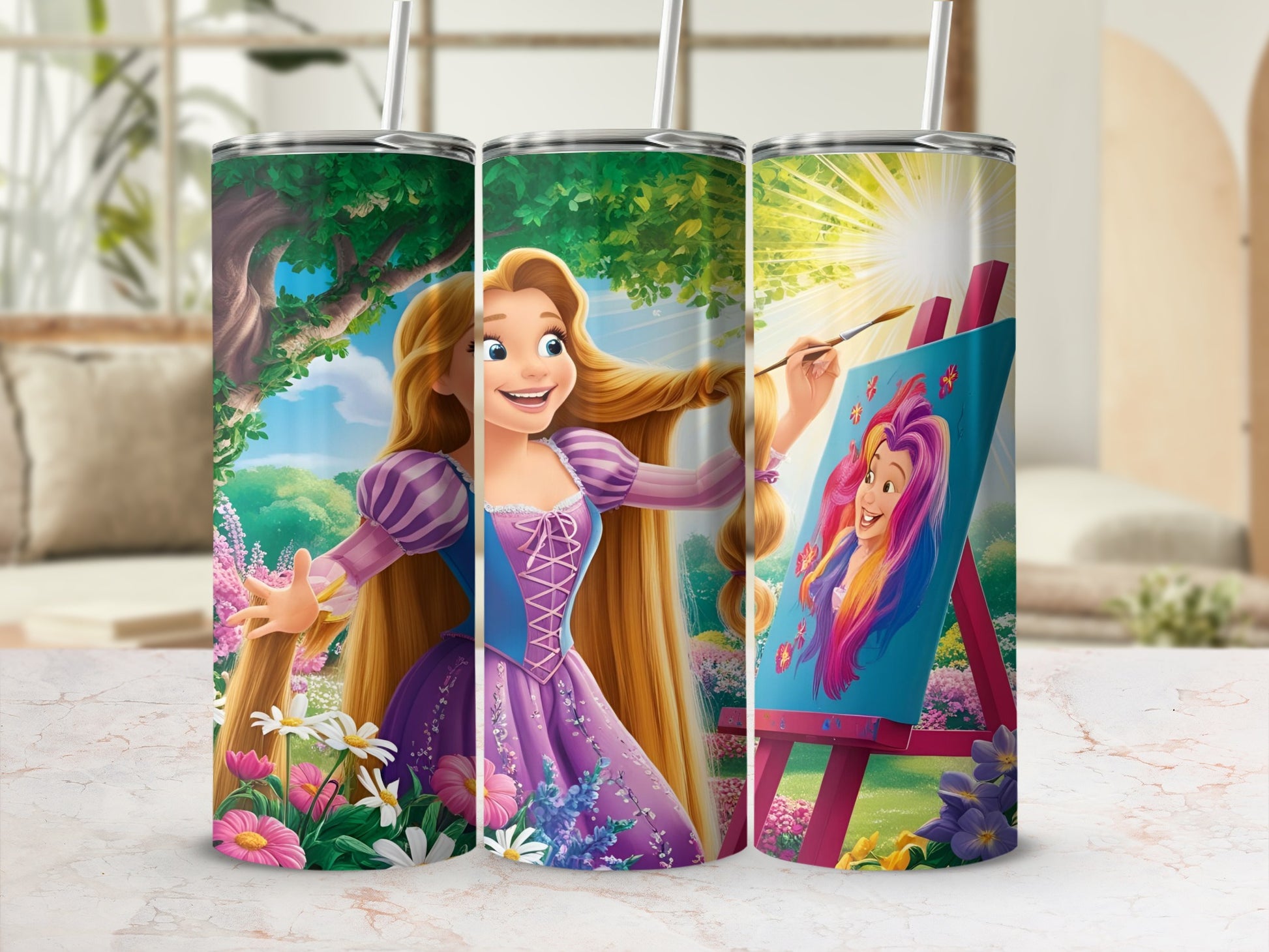 Tangled Rapunzel painting a colorful portrait on an easel, surrounded by flowers.