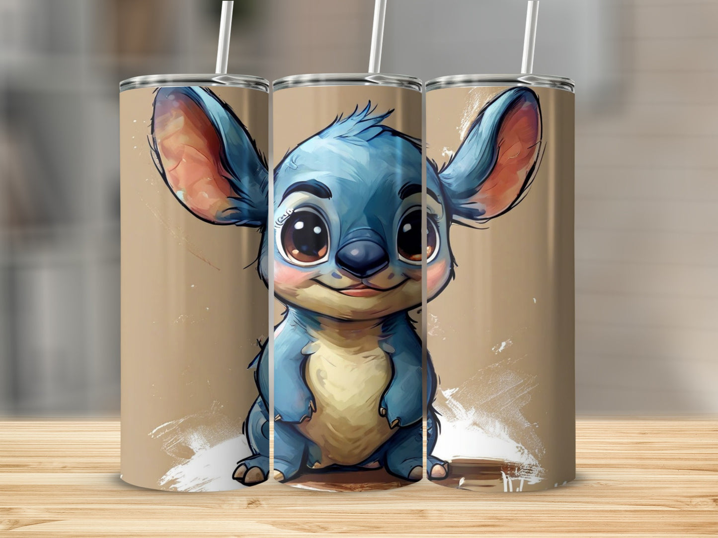 Cute cartoon Stitch character on a tan background with white paint splatters.