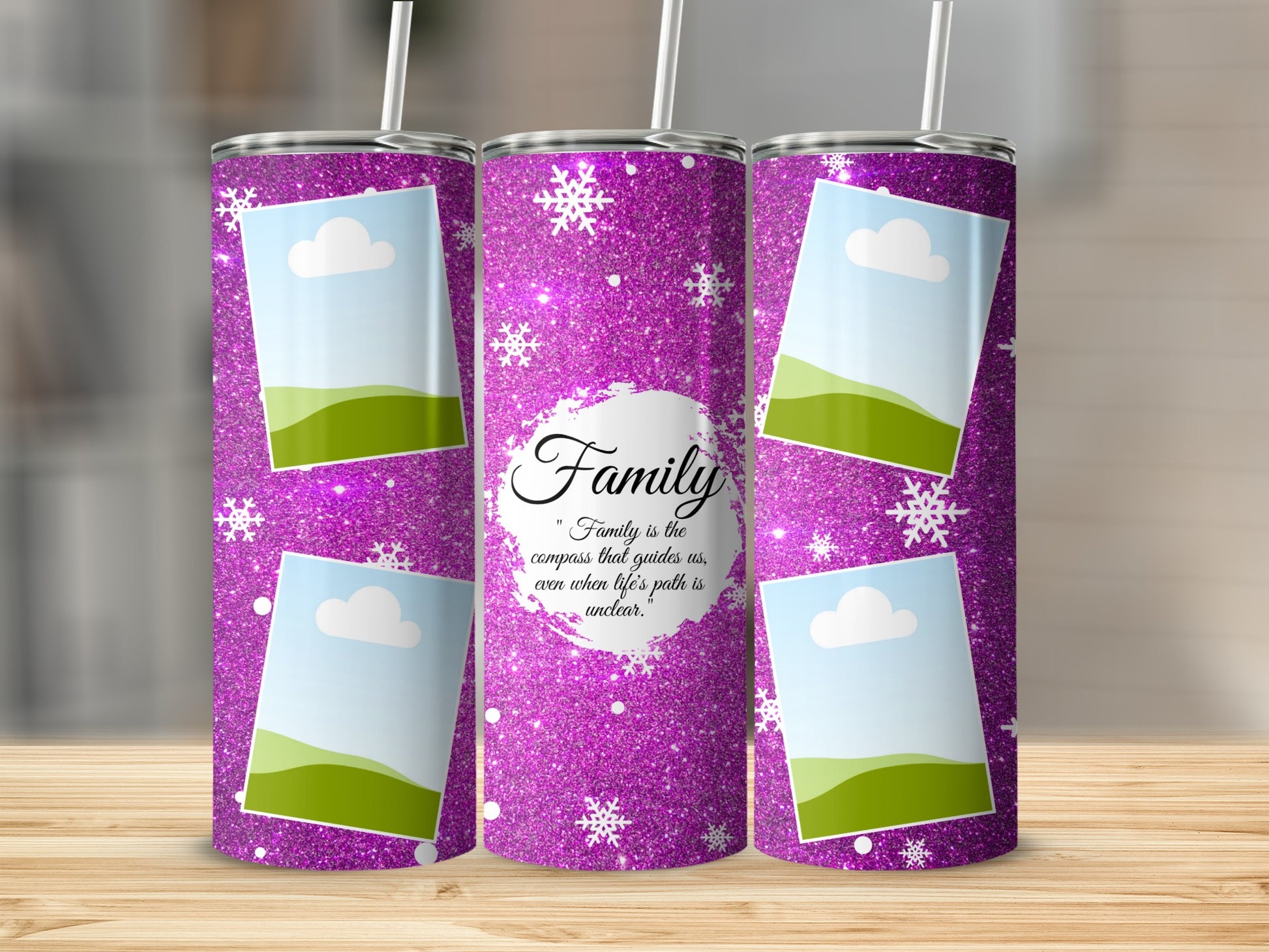 Glittering purple tumblers with snowflake design and a quote about family.