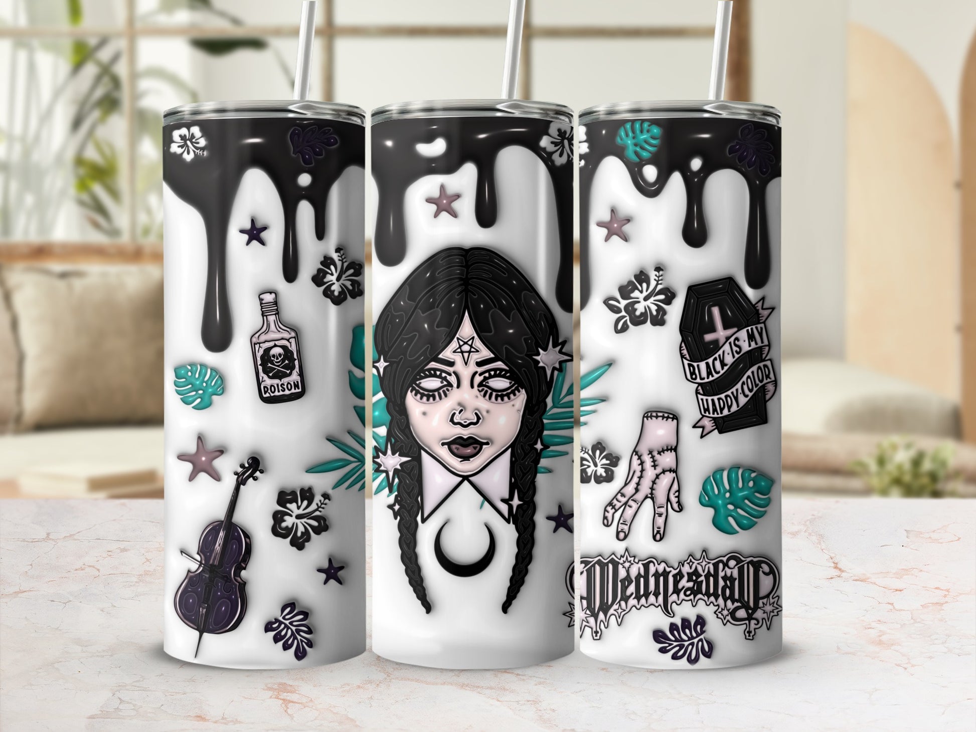Gothic-themed tumbler with witchy imagery and "Wednesday" text.