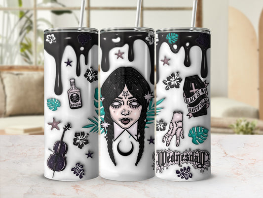 Gothic-themed tumbler with witchy imagery and "Wednesday" text.