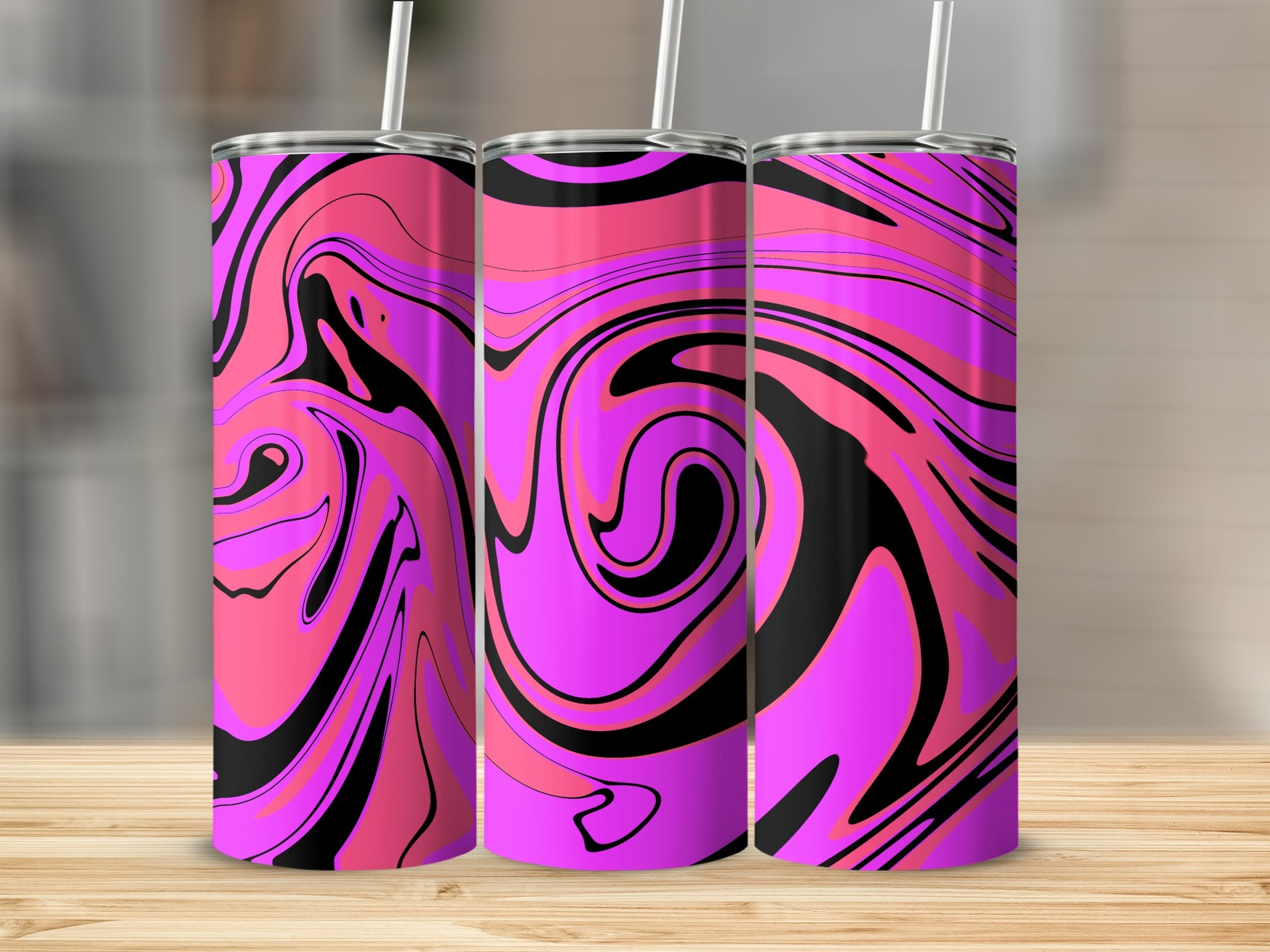 Vibrant Abstract Pink Black Swirl Tumbler Design