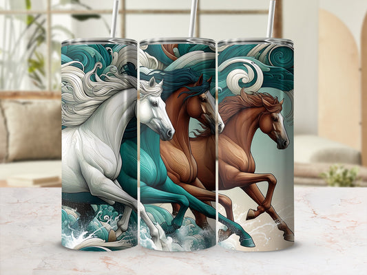 Three horses gallop through waves, white, teal, and brown, on tumblers.