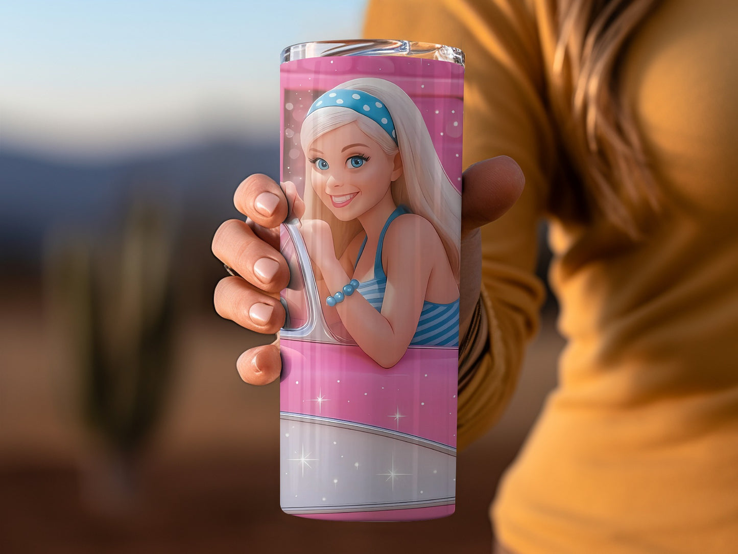 Girl In Pink Chevrolet Car Background Sparkle Tumblers
