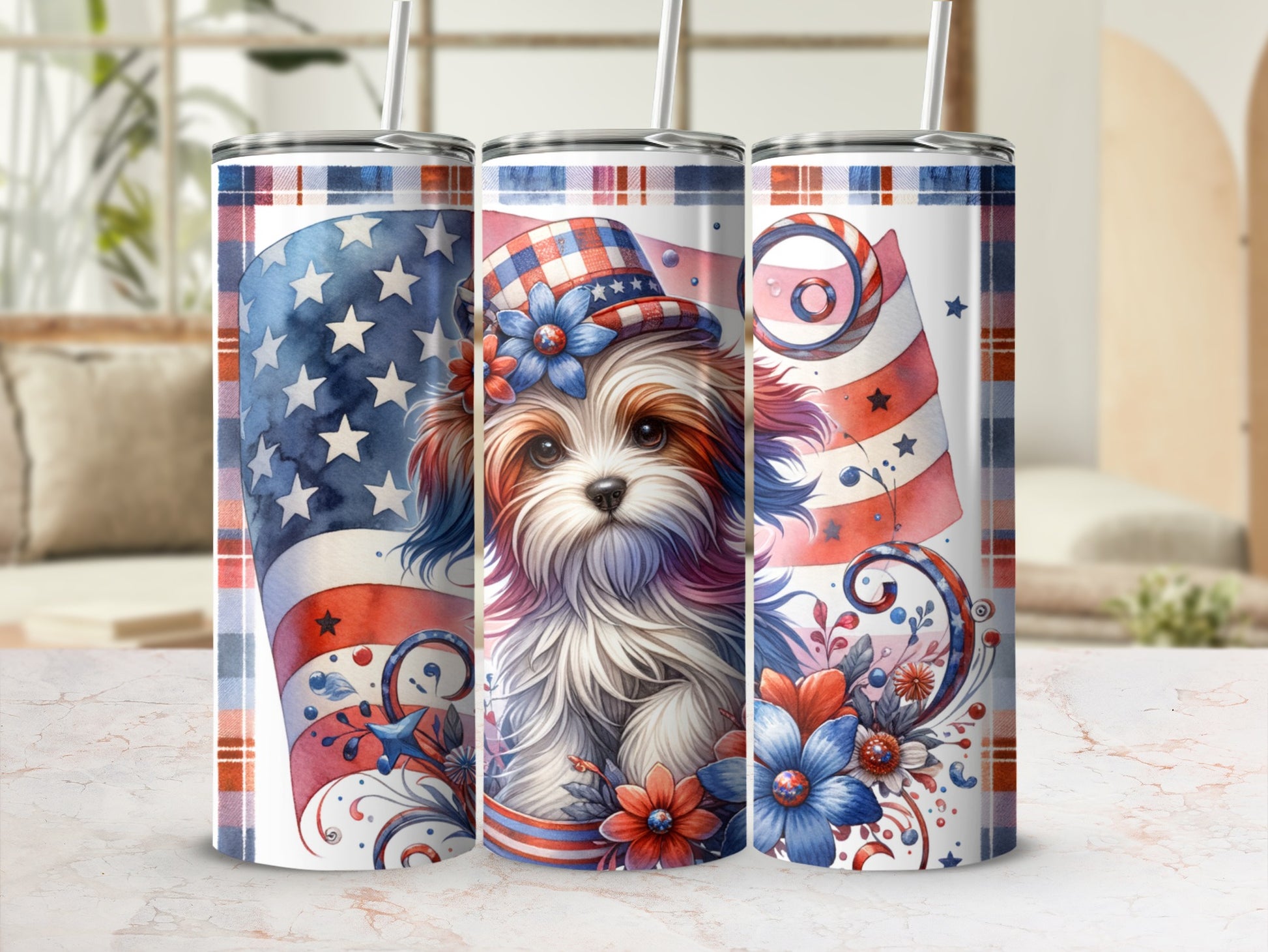 Yorkie dog wearing patriotic hat with American flag pattern on tumbler.