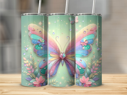 Pastel butterfly design on a mint green tumbler with floral accents.