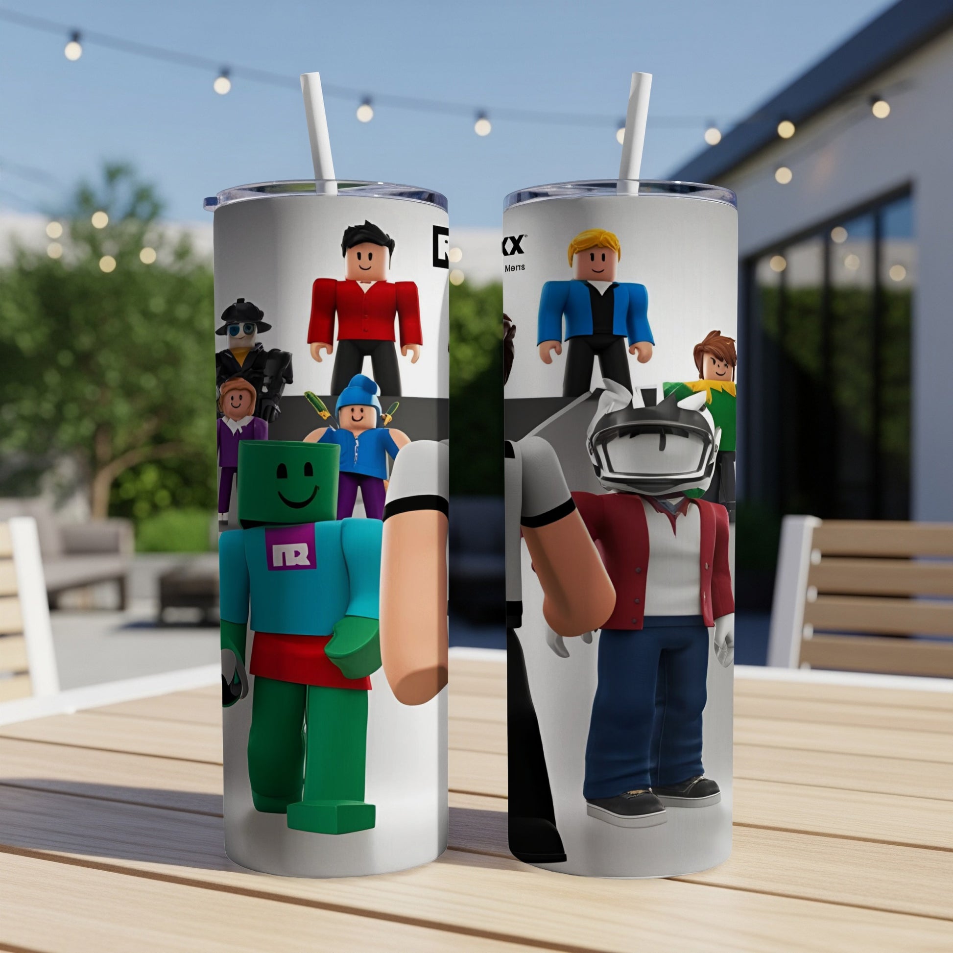 Roblox characters on a white tumbler with a straw.