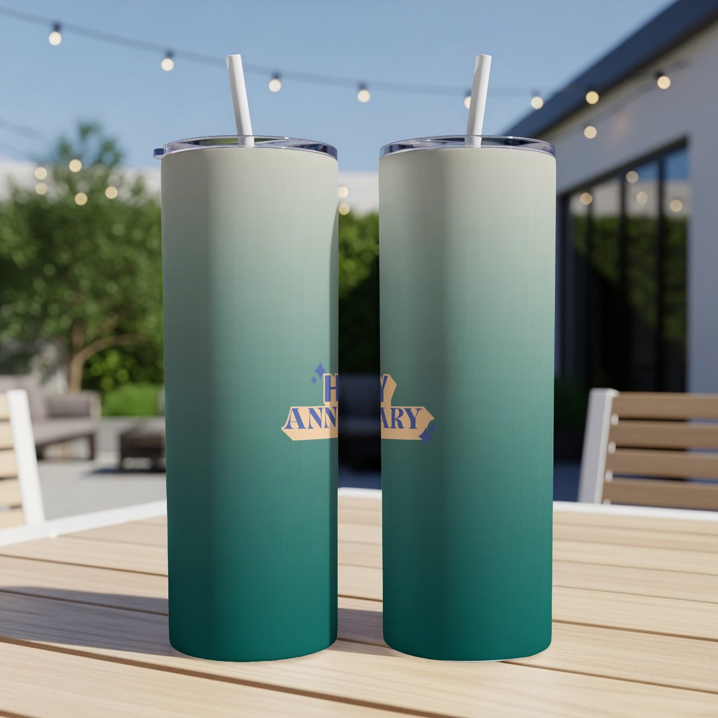 Two tall tumblers with ombre green and cream coloring, showing "Happy Anniversary" text.