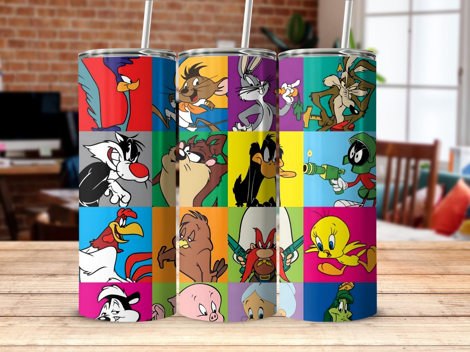Colorful Cartoon Character Collage Tumblers Set