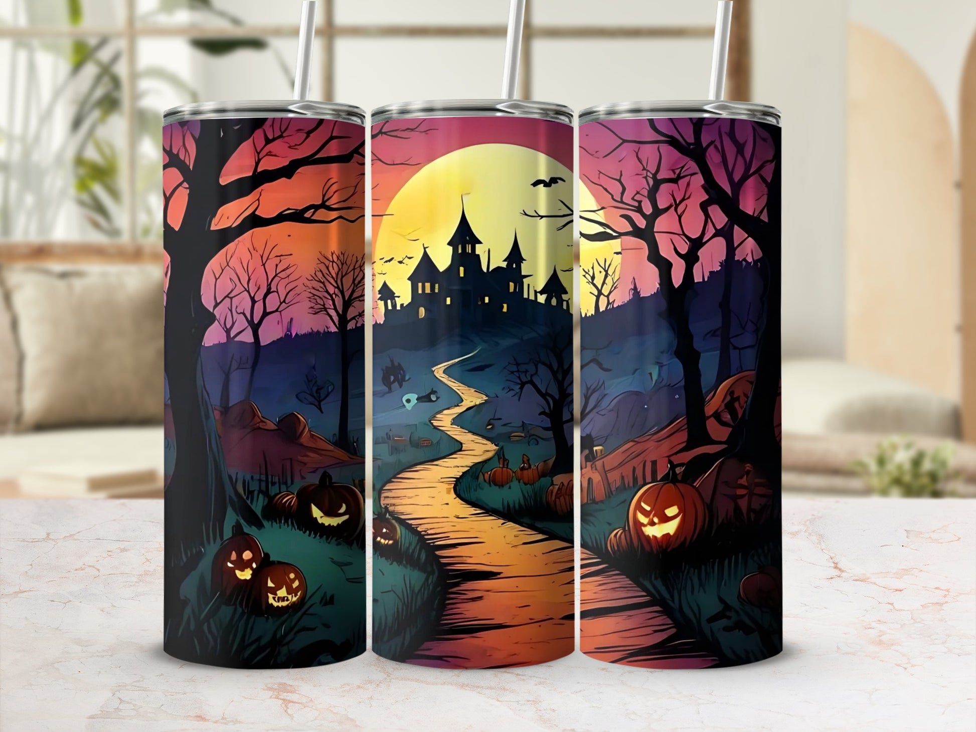 Halloween tumblers with haunted castle, path, and jack-o'-lanterns under a full moon.