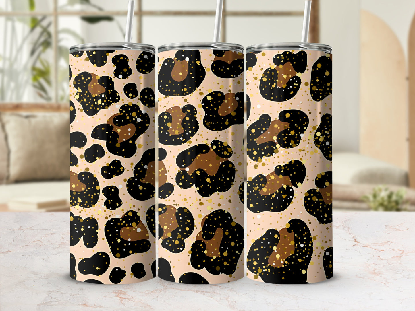 Stylish Leopard Print Tumbler with Straw Tumbler