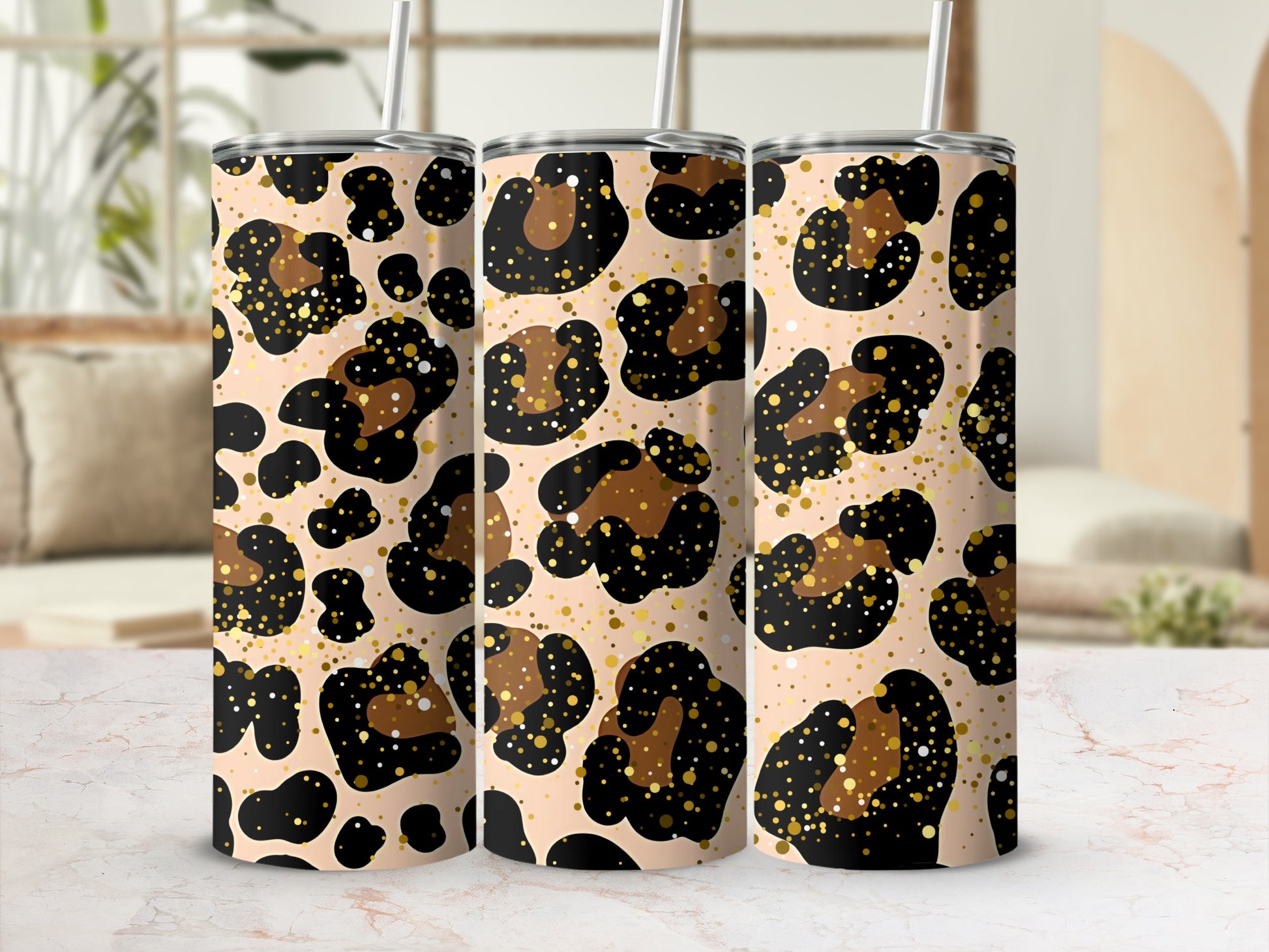 Stylish Leopard Print Tumbler with Straw Tumbler