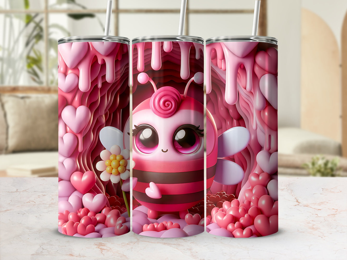 Cute pink bee with hearts and flowers on a tumbler.